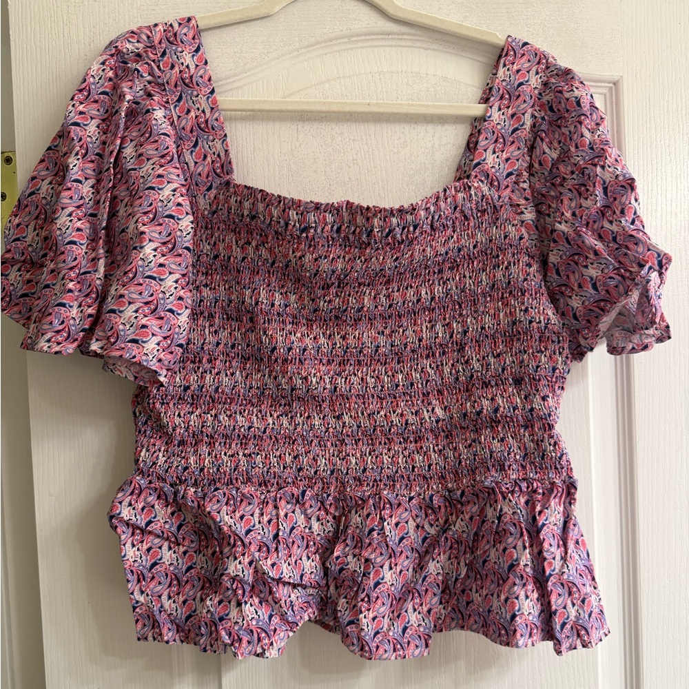 Simply Southern Pink Purple Paisley Shirred Smocked Blouse Top - size XL - Picture 8 of 12
